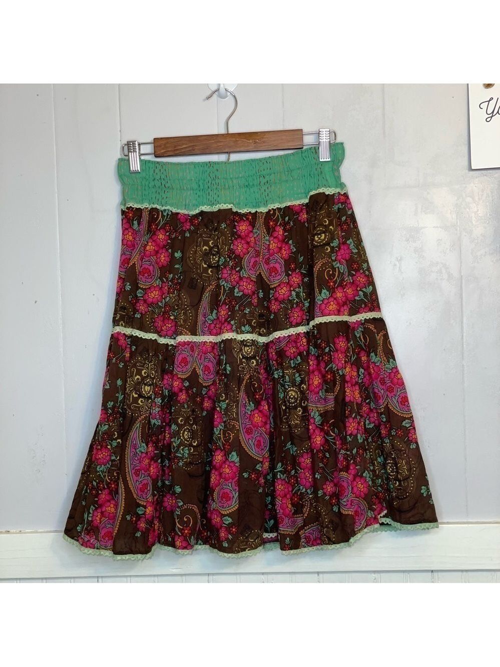 Vintage Karma Living pink, brown and green cotton skirt
